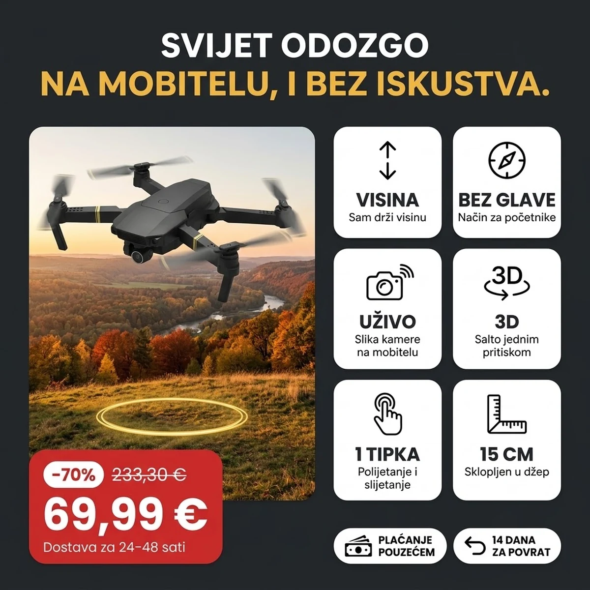 Sklopivi dron PRO s kamerom i upravljačem, glavne značajke na karticama