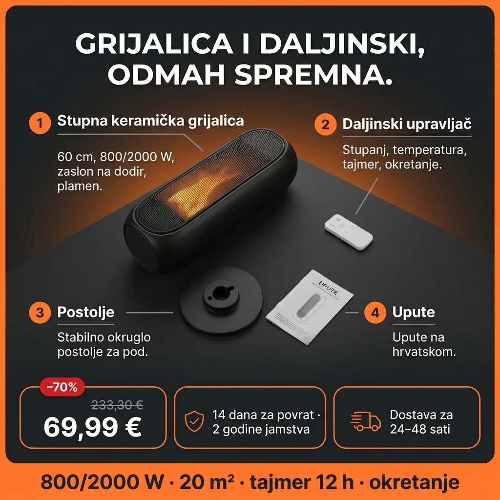 Stupna keramička grijalica – ponuda: stupna keramička grijalica s daljinskim upravljačem, 69,99 € umjesto 233,30 €, plaćanje pouzećem