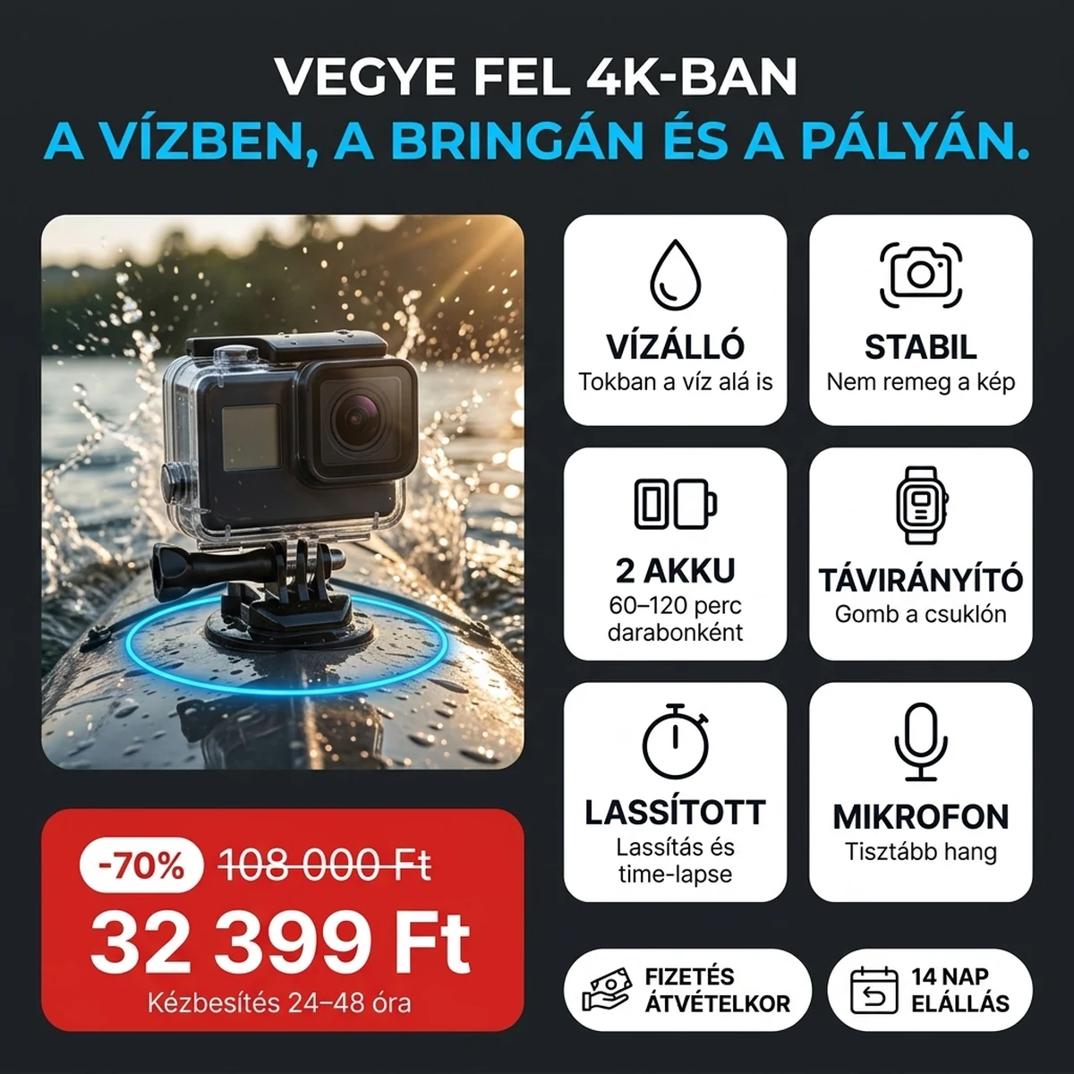 4K akciókamera vízálló tokban, a fő jellemzők kártyáin
