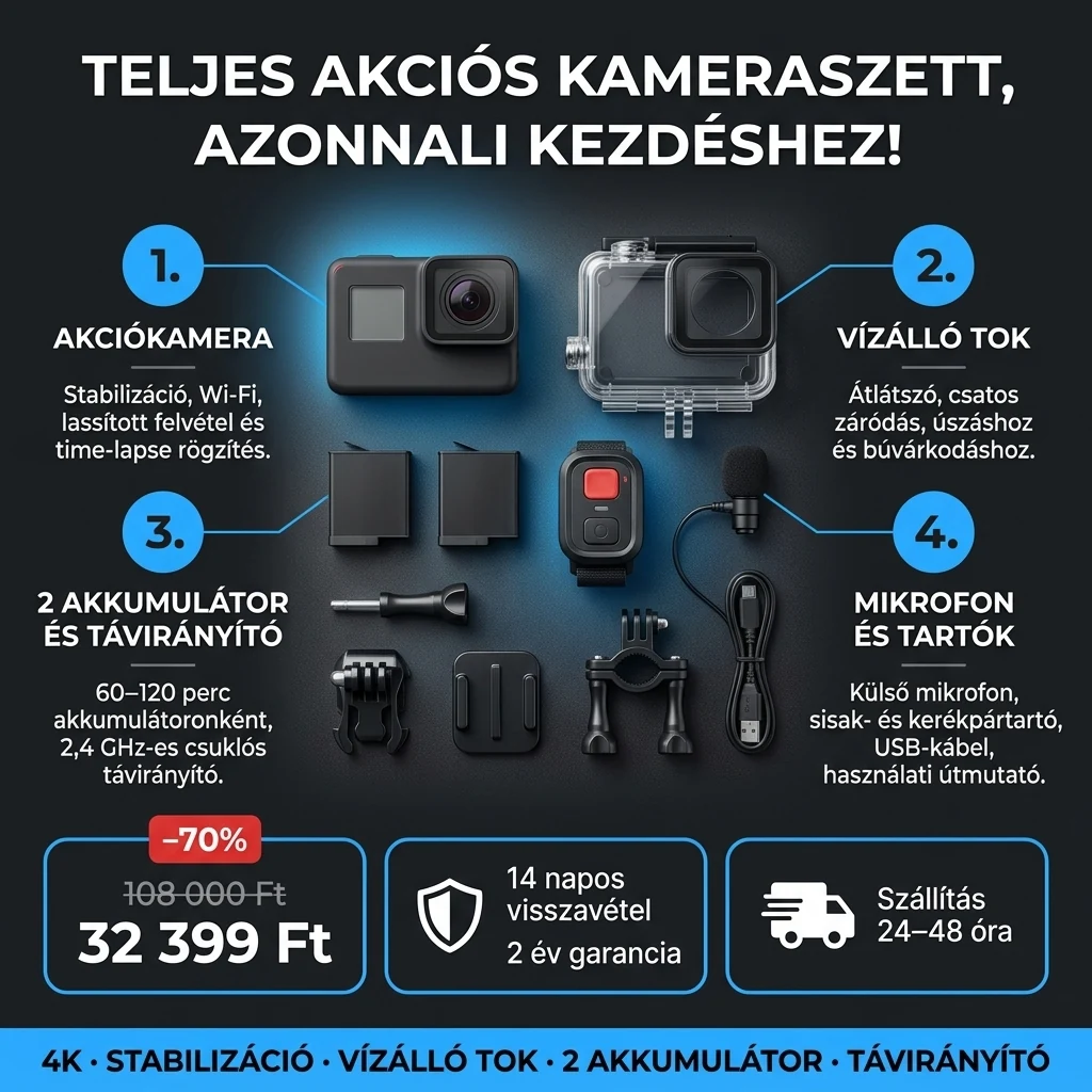 4K akciókamera – ajánlat: 4K akciókamera, vízálló tok, 2 akku, távirányító és tartók, 108 000 Ft helyett 32 399 Ft, fizetés átvételkor