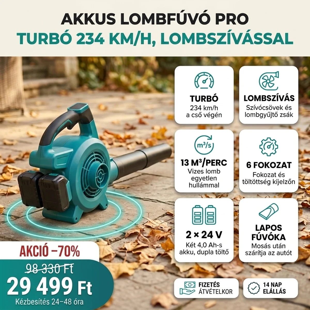 Akkus lombfúvó PRO Turbó módban a vizes kocsibeállón, a fő funkciók kártyáival