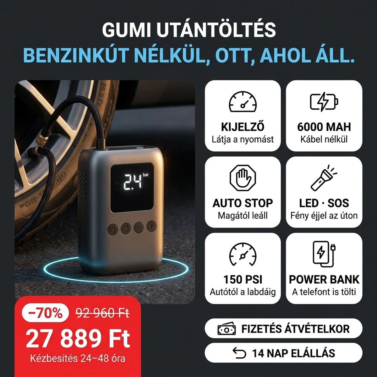 Akkus mini kompresszor kijelzővel, a fő jellemzők kártyáin