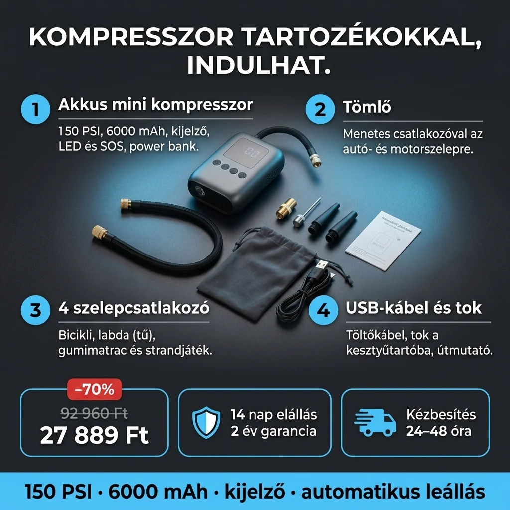 Akkus mini kompresszor – ajánlat: akkus mini kompresszor kijelzővel, tömlő és 4 csatlakozó, 92 960 Ft helyett 27 889 Ft, fizetés átvételkor