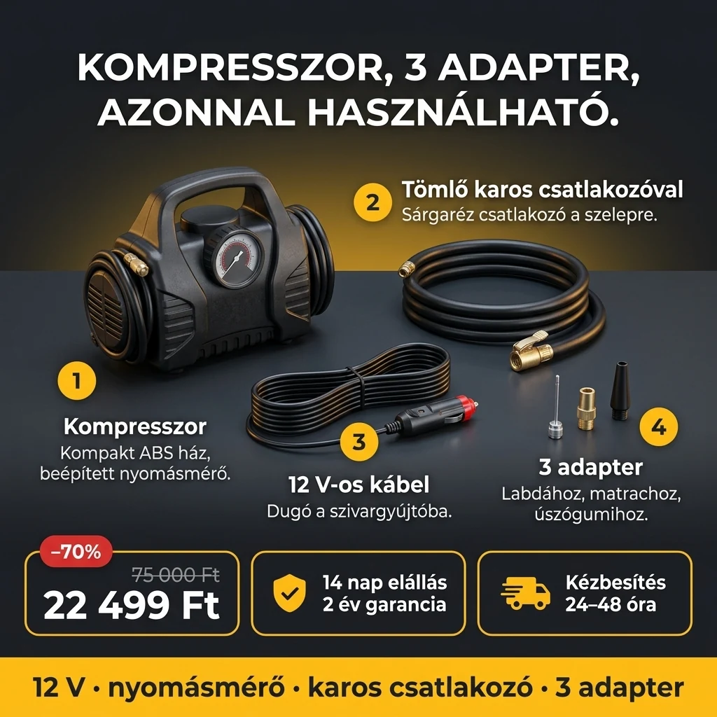 Autós kompresszor 12 V – ajánlat: autós kompresszor 12 V nyomásmérővel és 3 adapterrel, 75 000 Ft helyett 22 499 Ft, fizetés átvételkor