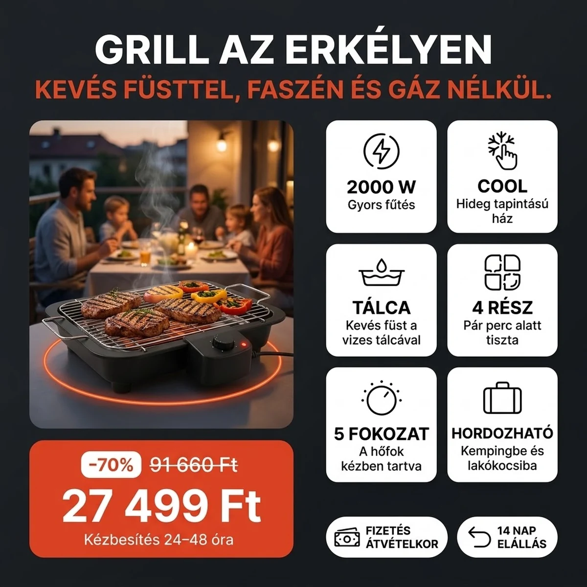 Elektromos asztali grill PRO krómozott ráccsal és levehető termosztáttal, a fő jellemzők kártyáin