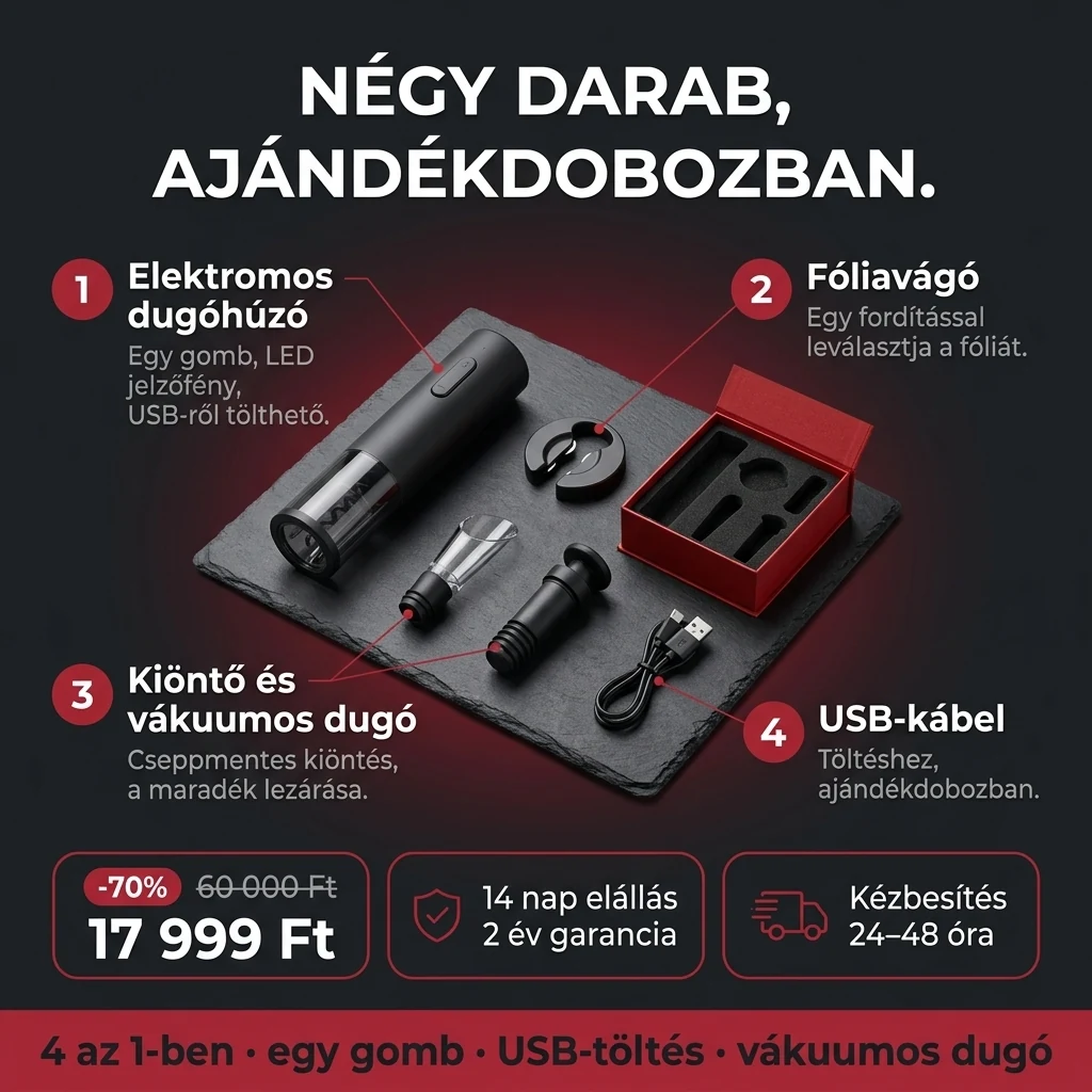 Elektromos dugóhúzó szett – ajánlat: elektromos dugóhúzó szett 4 az 1-ben, ajándékdobozban, 60 000 Ft helyett 17 999 Ft, fizetés átvételkor