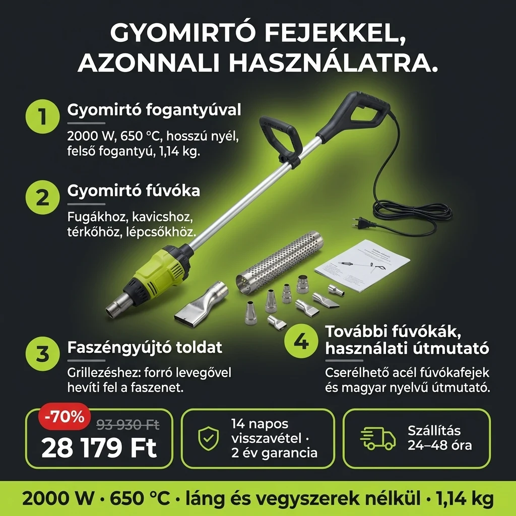 Elektromos gyomégető – ajánlat: elektromos gyomégető, gyomirtó fúvóka és faszéngyújtó toldat, 93 930 Ft helyett 28 179 Ft, fizetés átvételkor