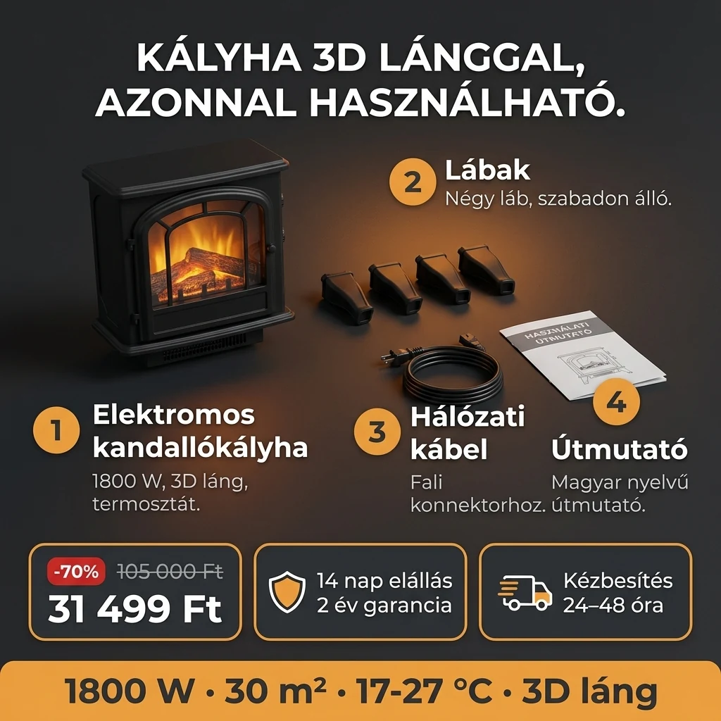 Elektromos kandallókályha – ajánlat: elektromos kandallókályha 3D lánggal és termosztáttal, 105 000 Ft helyett 31 499 Ft, fizetés átvételkor