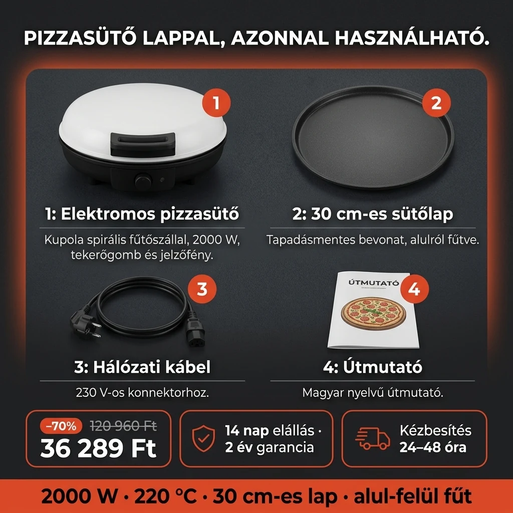Elektromos pizzasütő – ajánlat: elektromos pizzasütő 30 cm-es tapadásmentes lappal, 120 960 Ft helyett 36 289 Ft, fizetés átvételkor