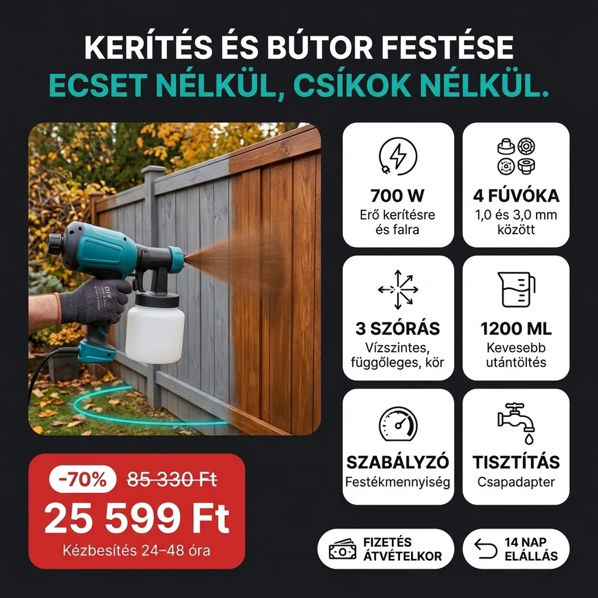 Elektromos festékszóró pisztoly PRO tartállyal és fúvókákkal, a fő jellemzők kártyáin