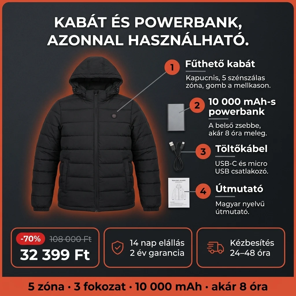 Fűthető kabát – ajánlat: fűthető kabát 10 000 mAh-s powerbankkal, 108 000 Ft helyett 32 399 Ft, fizetés átvételkor