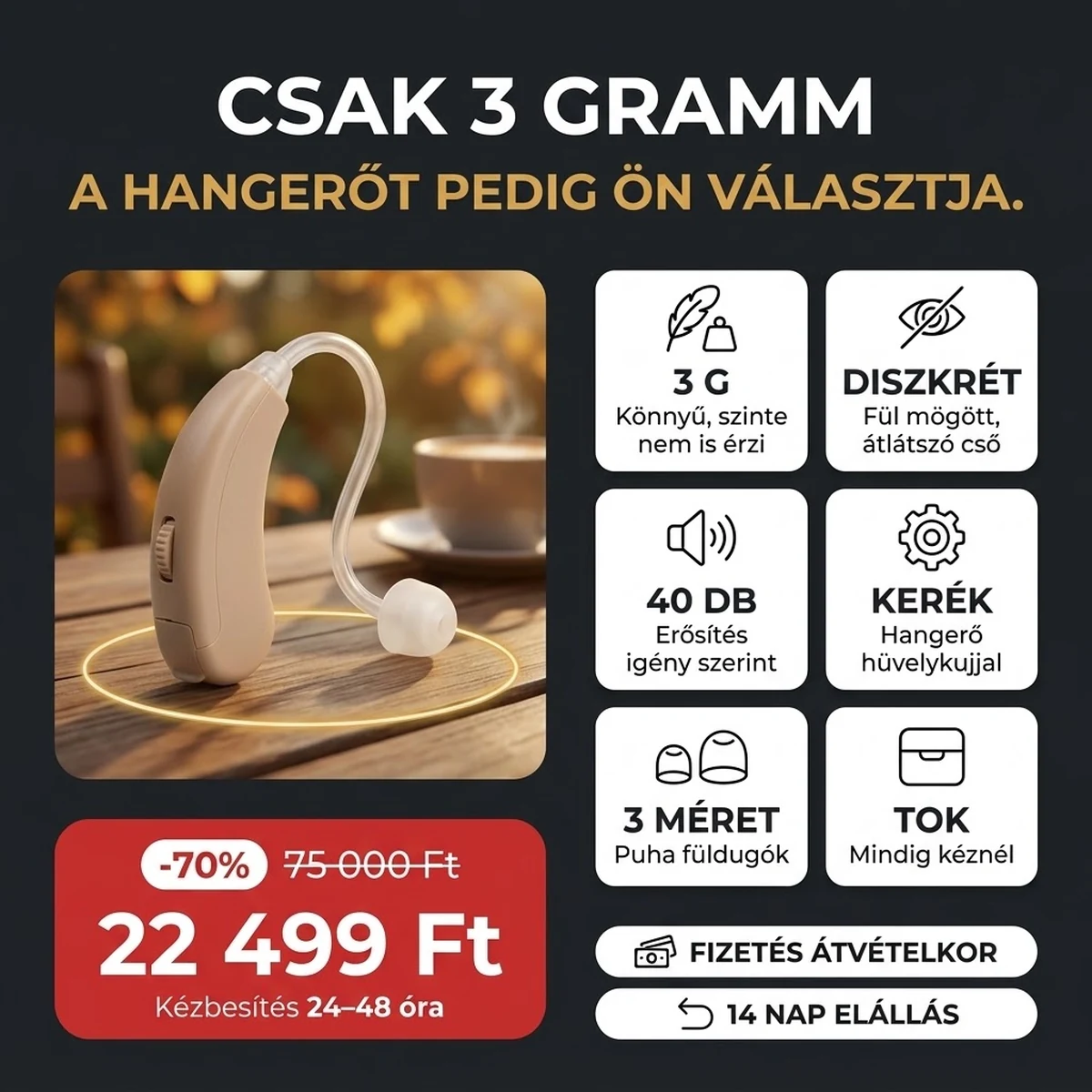 Bézs színű személyes hangerősítő PRO átlátszó csővel, a fő jellemzők kártyáin