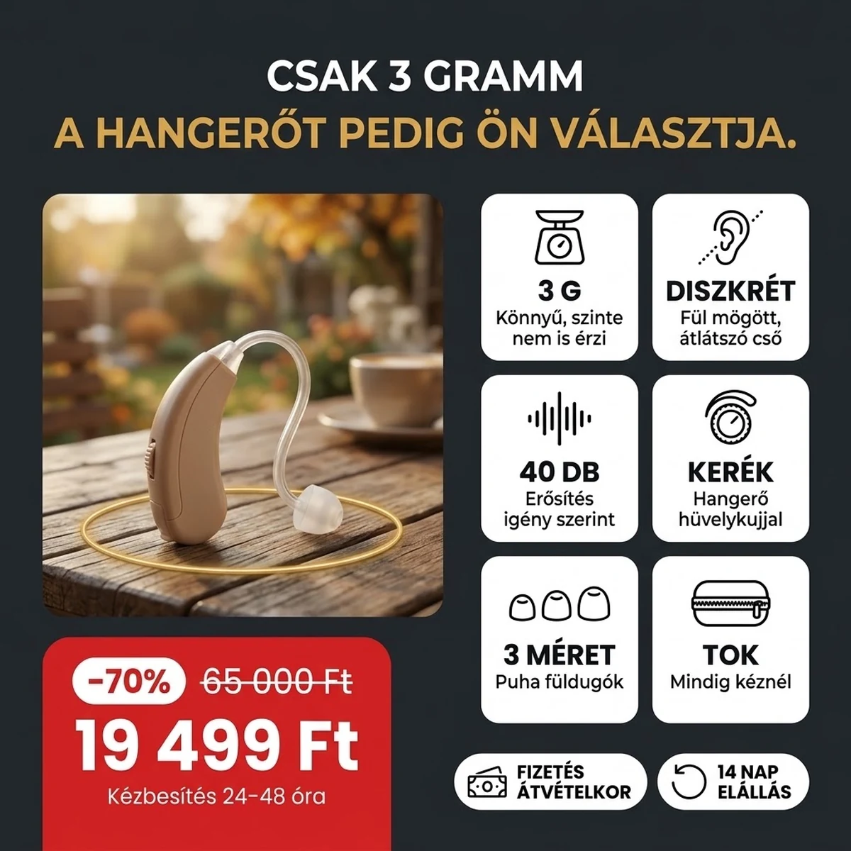 Bézs színű személyes hangerősítő PRO átlátszó csővel, a fő jellemzők kártyáin