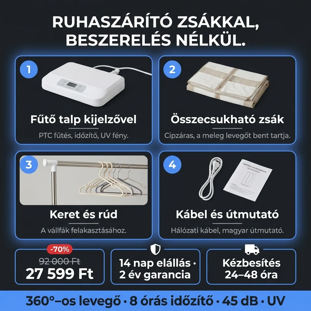 Hordozható ruhaszárító gép – ajánlat: hordozható ruhaszárító gép zsákkal és kerettel, 92 000 Ft helyett 27 599 Ft, fizetés átvételkor