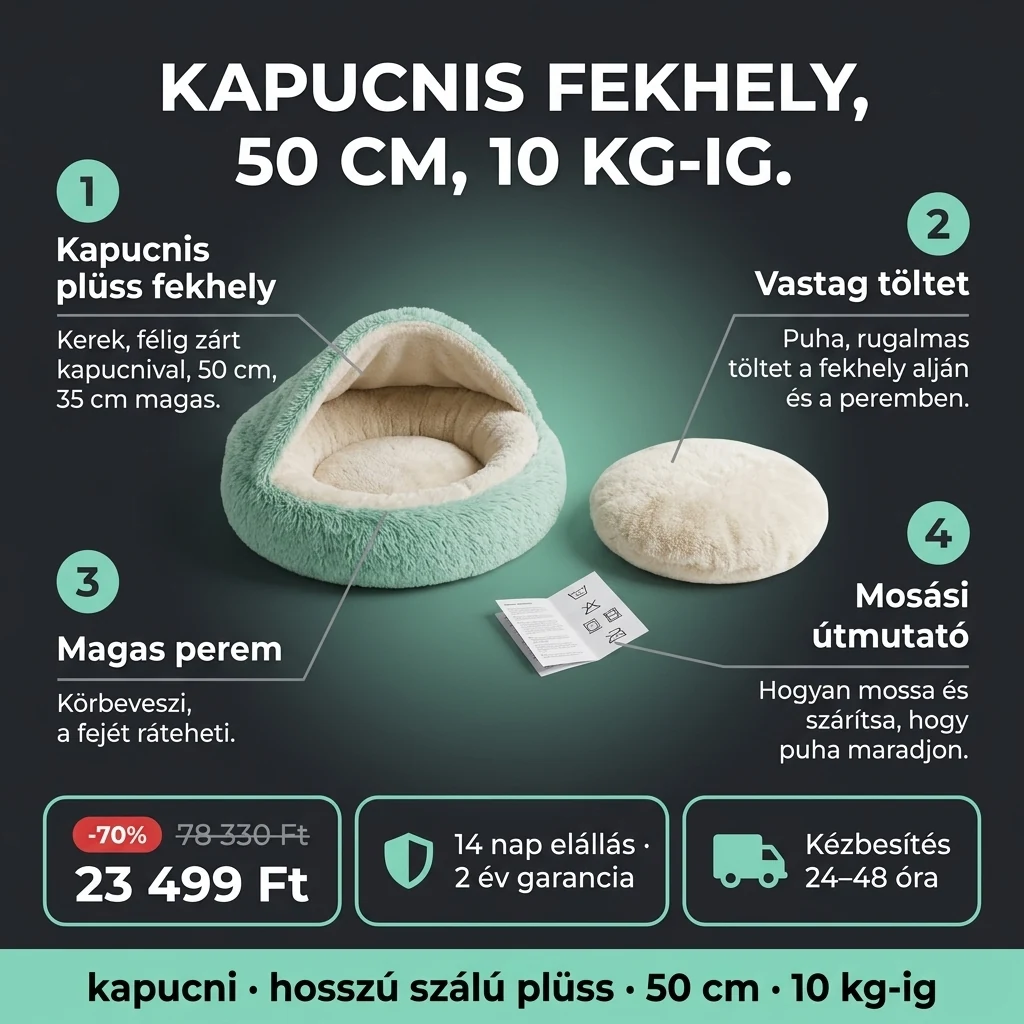 Kapucnis plüss fekhely – ajánlat: kerek plüss fekhely kapucnival, 50 cm, 78 330 Ft helyett 23 499 Ft, fizetés átvételkor