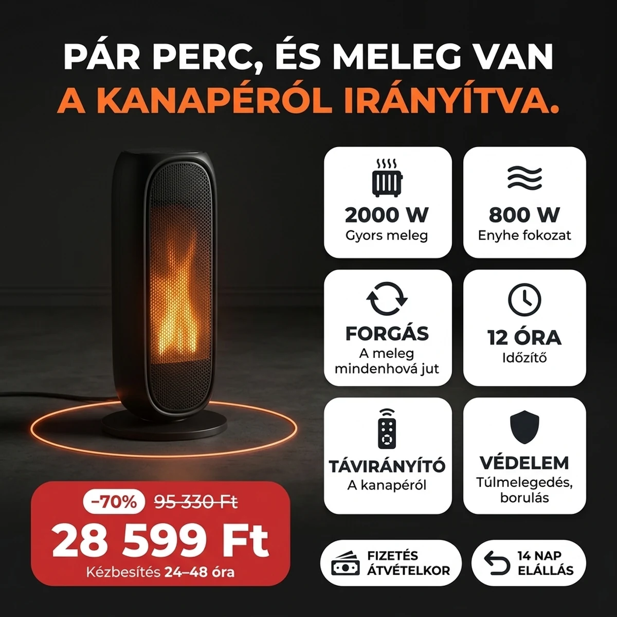 Fekete kerámia toronyhősugárzó lángeffekttel, a fő jellemzők kártyáin