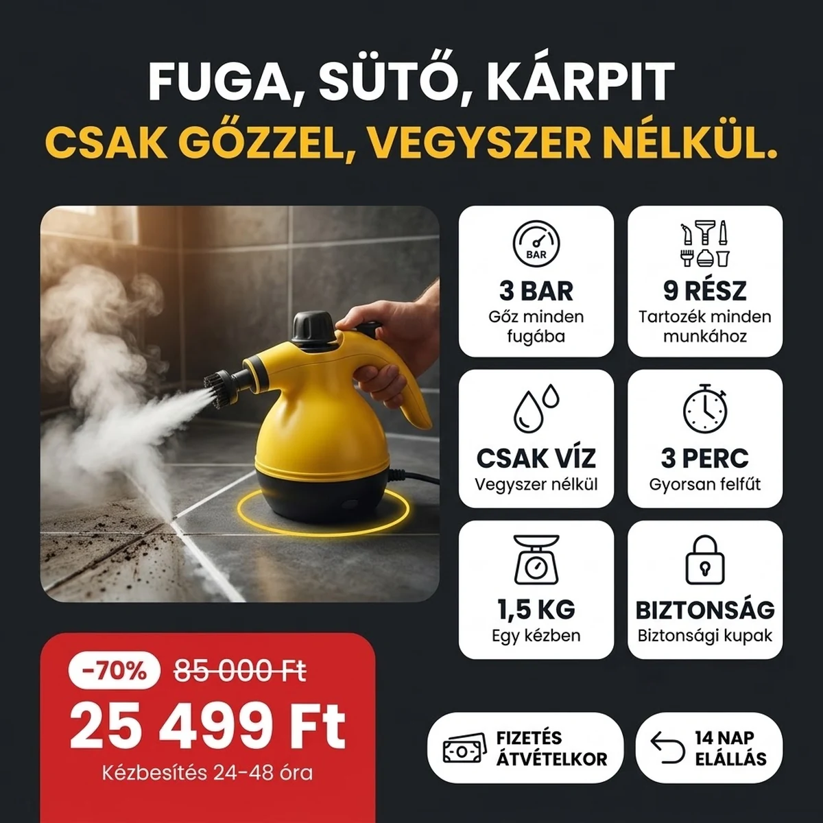 Kézi gőztisztító PRO tartozékokkal, a fő jellemzők kártyáin