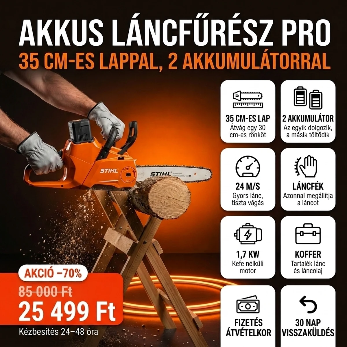 Akkus láncfűrész PRO két akkumulátorral, a fő jellemzők kártyáin