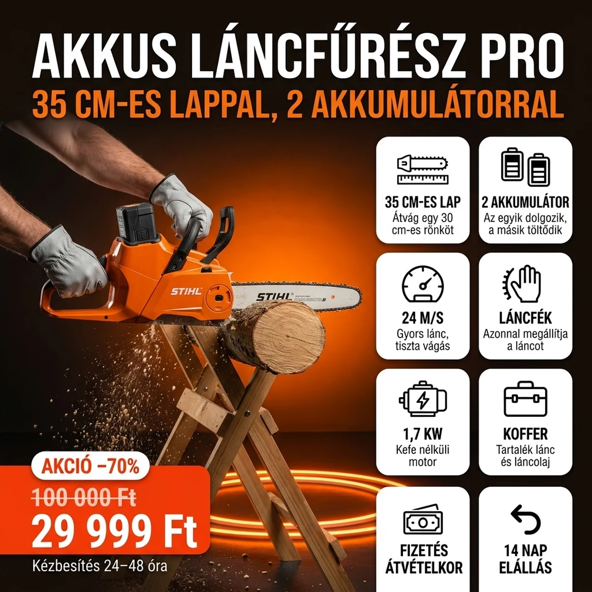 Akkus láncfűrész PRO két akkumulátorral, a fő jellemzők kártyáin