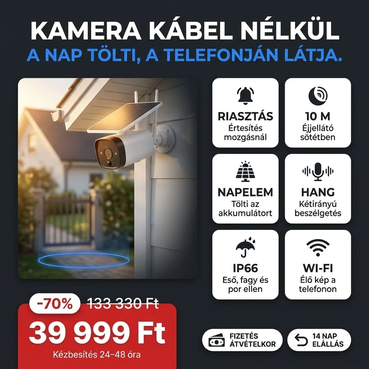 Napelemes kamera PRO a fali tartón, fölötte a napelem, a fő jellemzők kártyáin