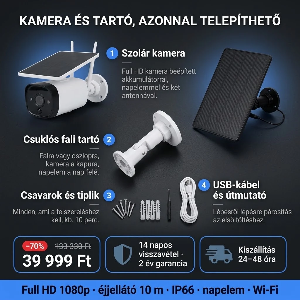 Napelemes kamera PRO – ajánlat: napelemes kamera, fali tartó, csavarok és USB kábel, 133 330 Ft helyett 39 999 Ft, fizetés átvételkor
