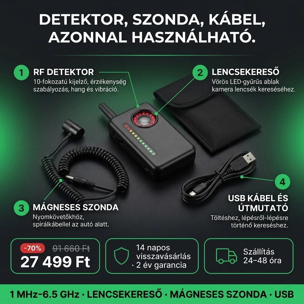 Poloskakereső PRO – ajánlat: RF detektor lencsekeresővel, mágneses szonda és USB töltőkábel, 91 660 Ft helyett 27 499 Ft, fizetés átvételkor