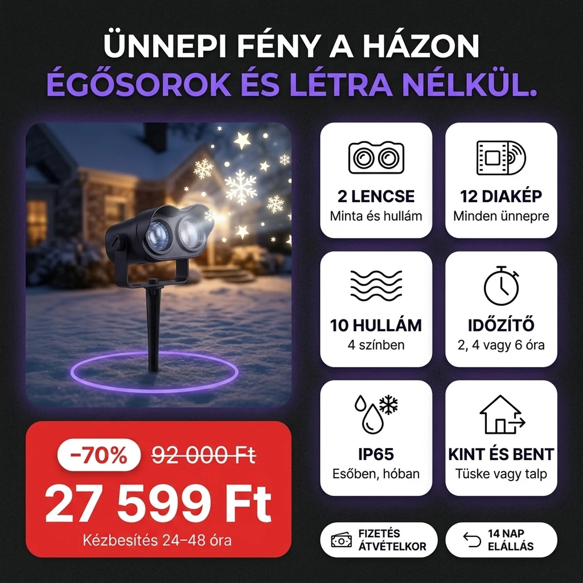 Fekete ünnepi LED projektor két lencsével a leszúrható tüskén, a fő jellemzők kártyáin