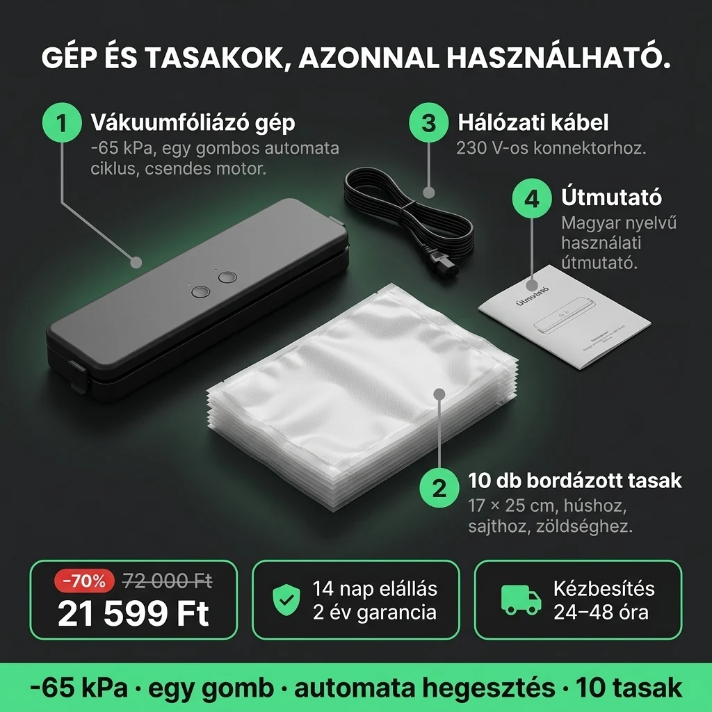 Vákuumfóliázó gép – ajánlat: vákuumfóliázó gép és 10 db 17 × 25 cm-es tasak, 72 000 Ft helyett 21 599 Ft, fizetés átvételkor