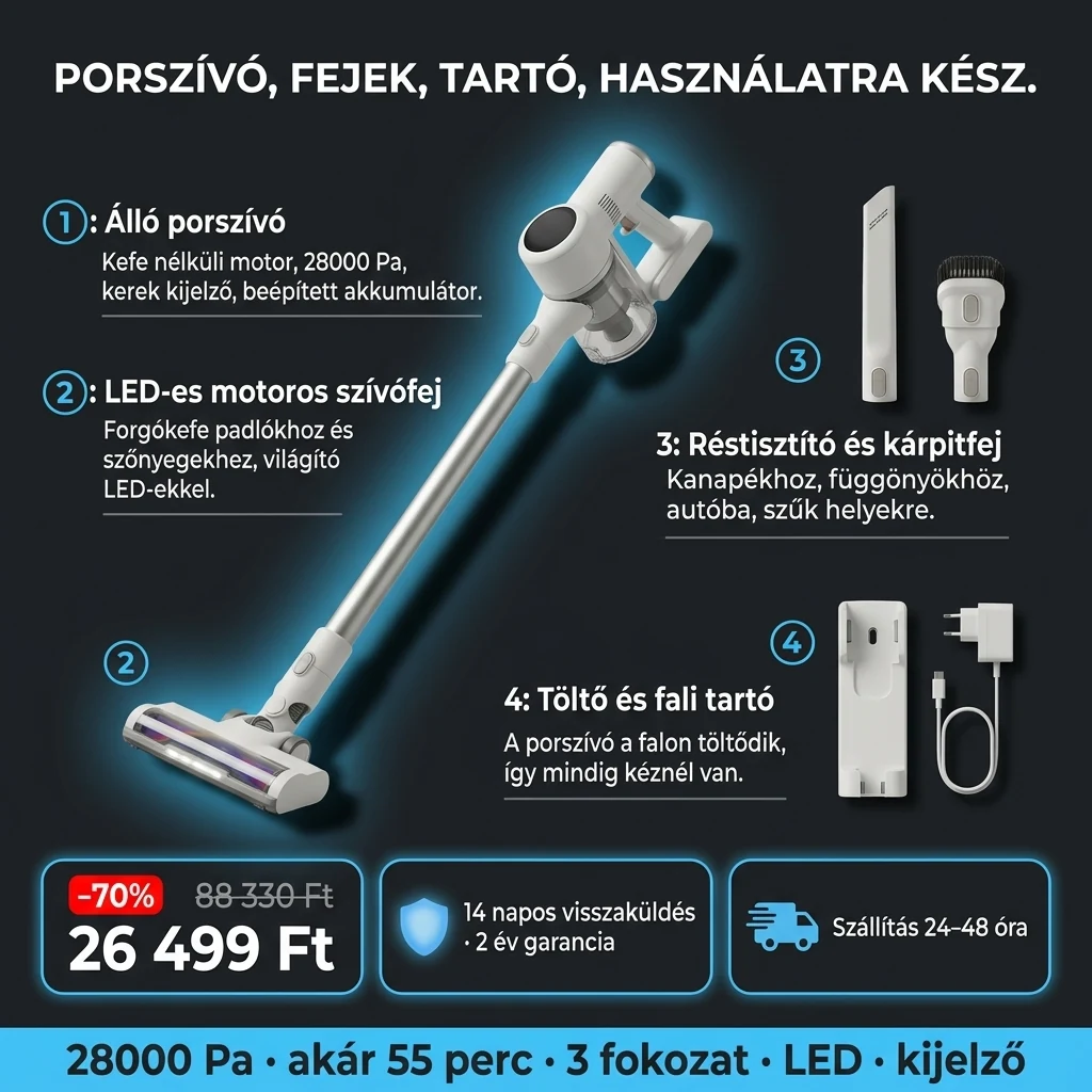 Álló porszívó LED – ajánlat: álló porszívó, LED-es szívófej, résszívó, kárpitfej, töltő és fali tartó, 88 330 Ft helyett 26 499 Ft, fizetés átvételkor