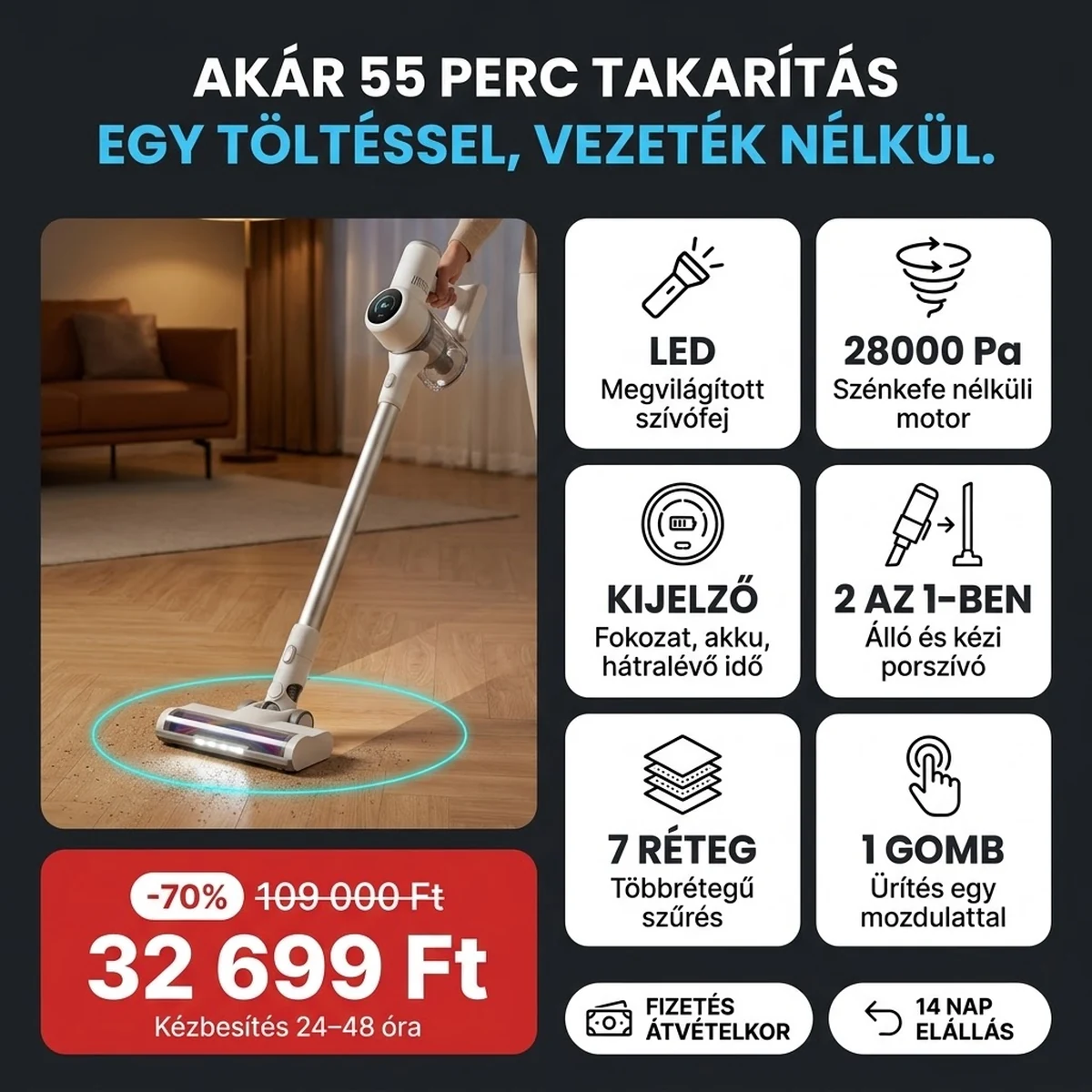 Vezeték nélküli álló porszívó LED-es szívófejjel és kijelzővel, a fő jellemzők kártyáin