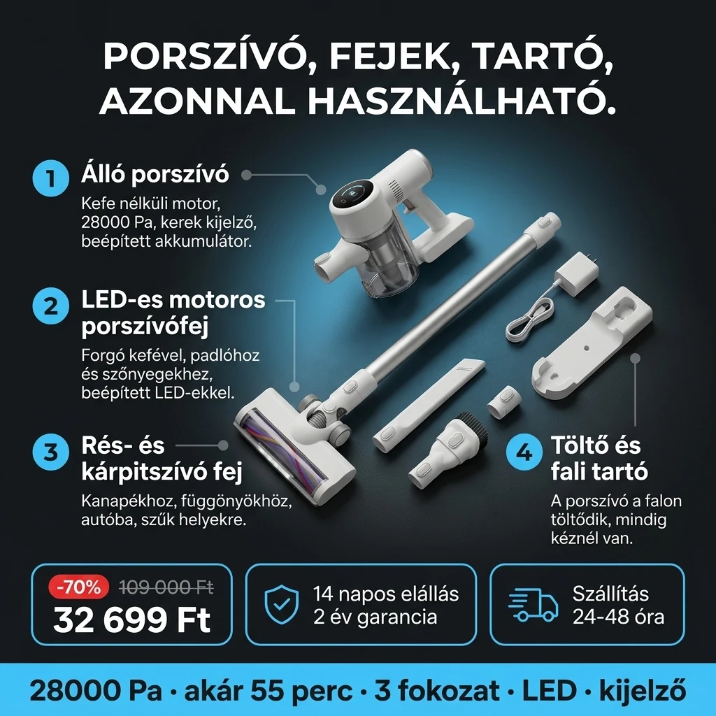 Álló porszívó LED – ajánlat: álló porszívó, LED-es szívófej, résszívó, kárpitfej, töltő és fali tartó, 109 000 Ft helyett 32 699 Ft, fizetés átvételkor
