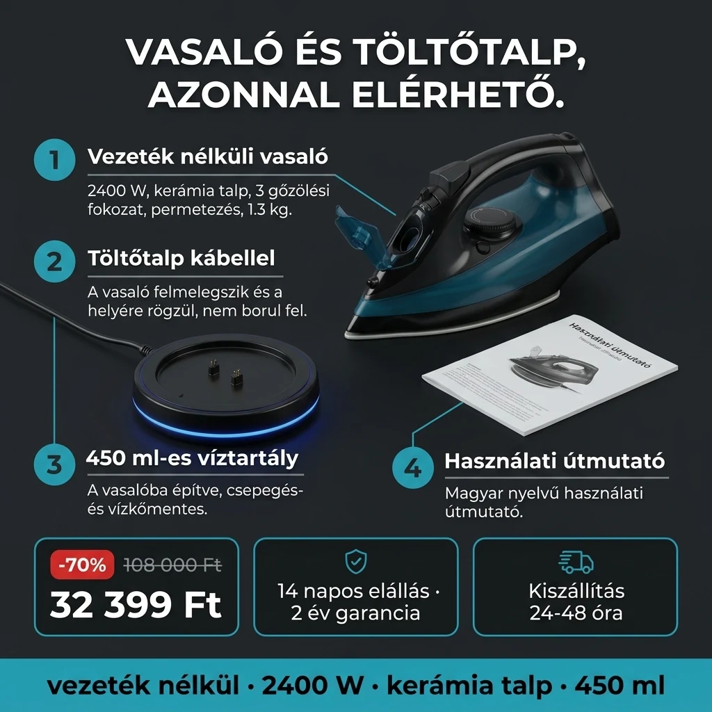 Vezeték nélküli vasaló – ajánlat: vezeték nélküli vasaló kerámia talppal és töltőtalp, 108 000 Ft helyett 32 399 Ft, fizetés átvételkor
