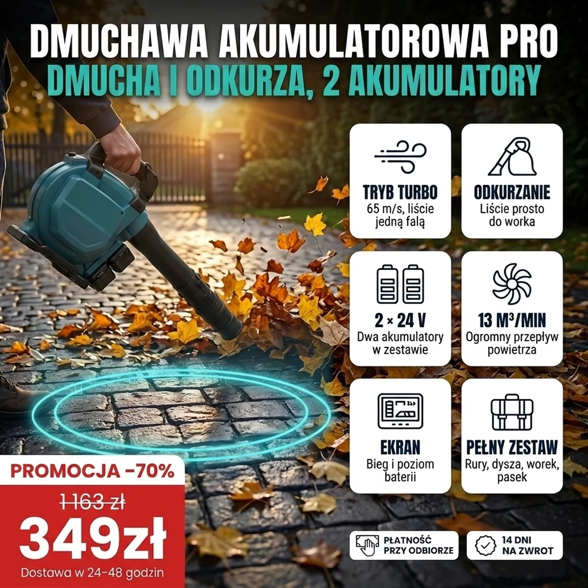 Dmuchawa akumulatorowa PRO w trybie turbo na mokrym podjeździe, z kartami najważniejszych funkcji
