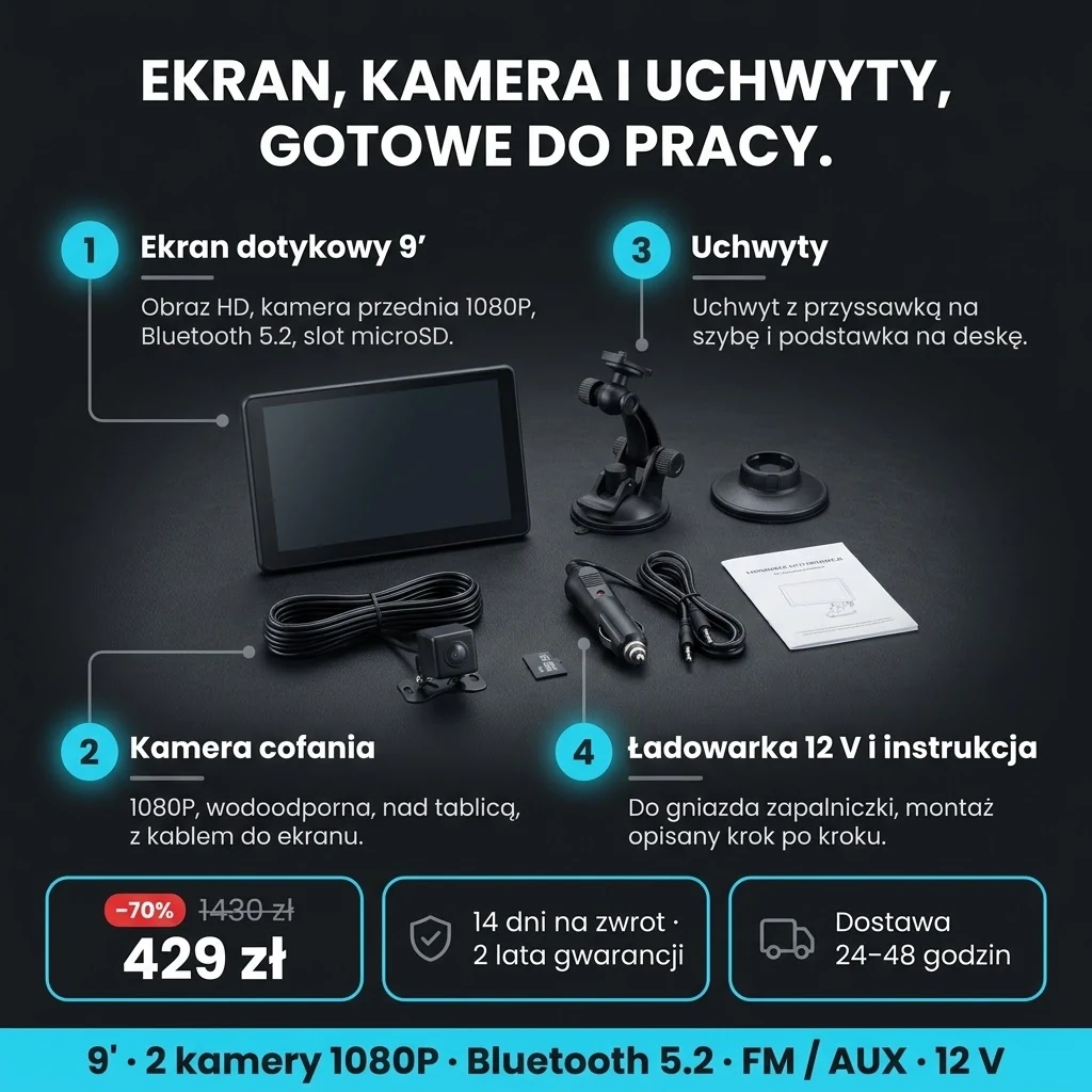 Oferta: Ekran samochodowy PRO – ekran 9", kamera cofania, uchwyty i ładowarka 12 V, 429 zł zamiast 1430 zł, płatność przy odbiorze