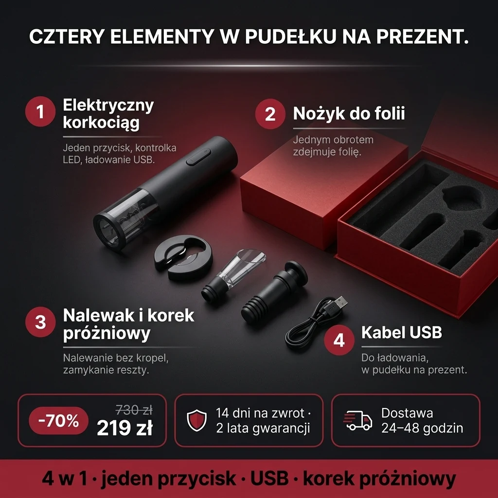 Oferta: Elektryczny korkociąg – elektryczny korkociąg w zestawie 4 w 1, w pudełku na prezent, 219 zł zamiast 730 zł, płatność przy odbiorze
