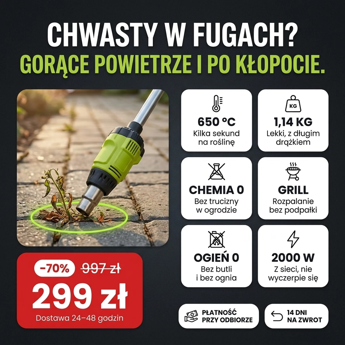 Elektryczny wypalacz chwastów z zielonym korpusem i długim drążkiem, na kartach z głównymi cechami