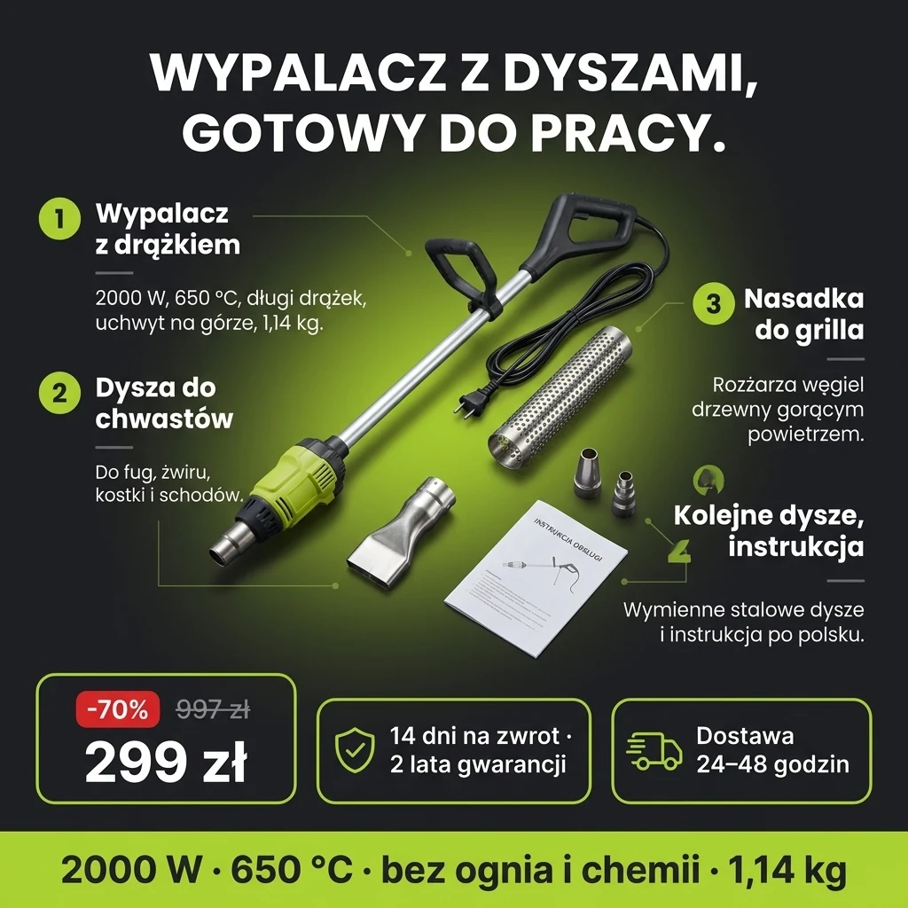 Oferta: Wypalacz chwastów 2000 W – elektryczny wypalacz chwastów, dysza do chwastów i nasadka do grilla, 299 zł zamiast 997 zł, płatność przy odbiorze