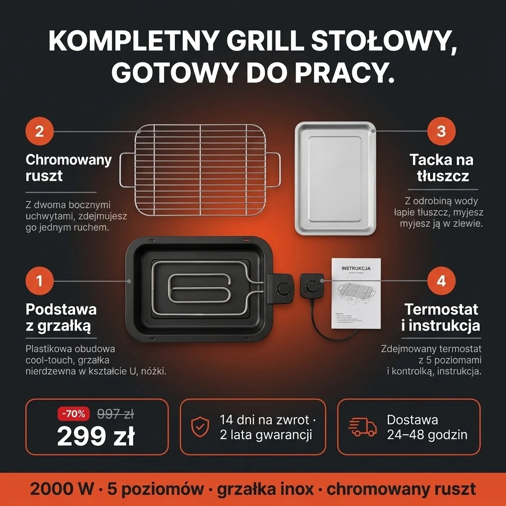 Oferta: Grill elektryczny PRO – podstawa z grzałką, chromowany ruszt, tacka na tłuszcz i termostat, 299 zł zamiast 997 zł, płatność przy odbiorze