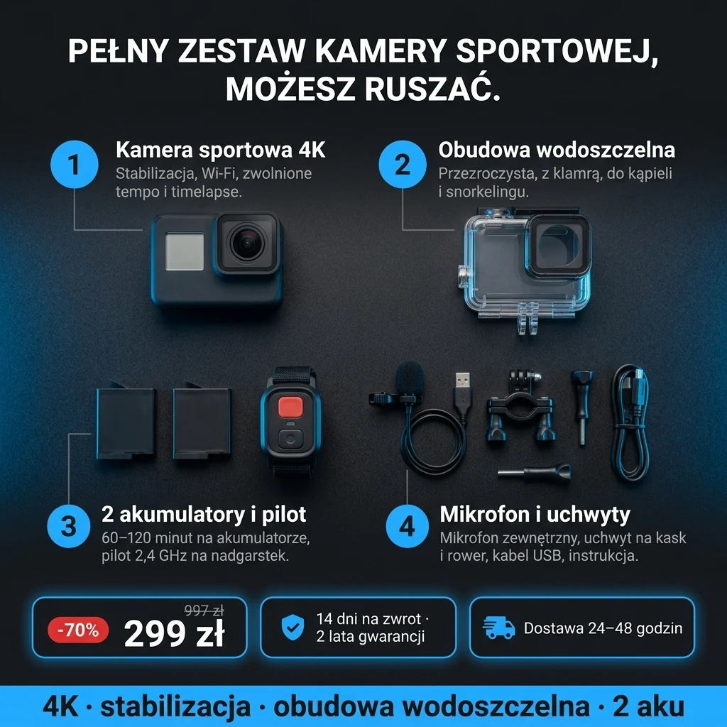 Oferta: Kamera sportowa 4K – kamera sportowa 4K, obudowa wodoszczelna, 2 akumulatory, pilot i uchwyty, 299 zł zamiast 997 zł, płatność przy odbiorze