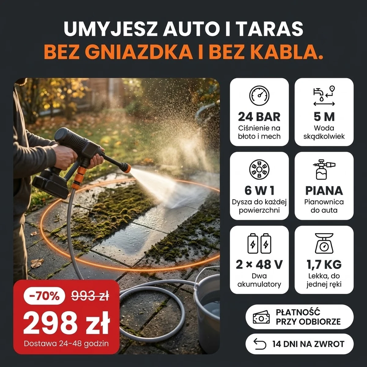 Myjka ciśnieniowa PRO z dyszą, pianownicą i dwoma akumulatorami, najważniejsze funkcje na kartach