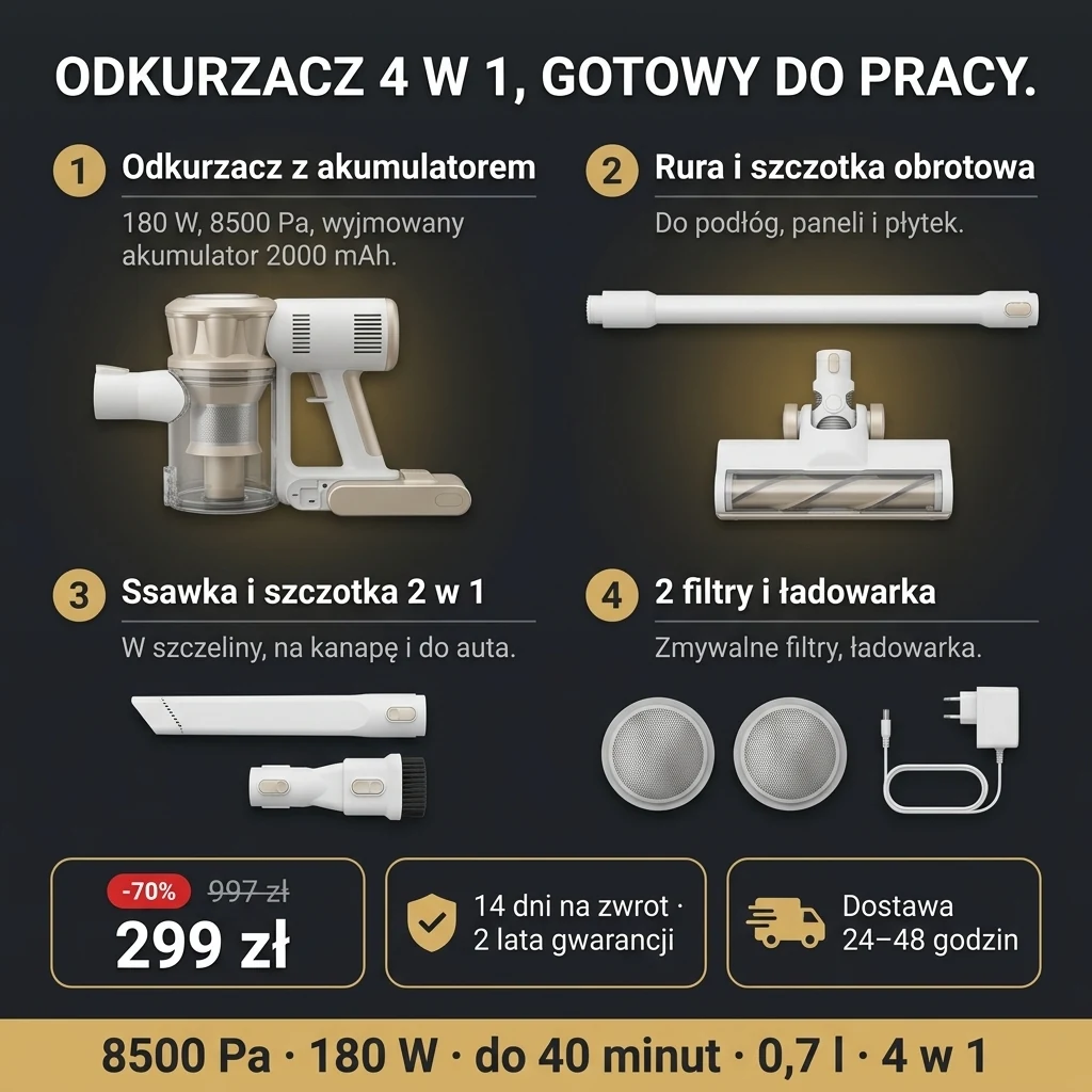 Oferta: Odkurzacz bezprzewodowy – odkurzacz bezprzewodowy 4 w 1 z końcówkami, 299 zł zamiast 997 zł, płatność przy odbiorze