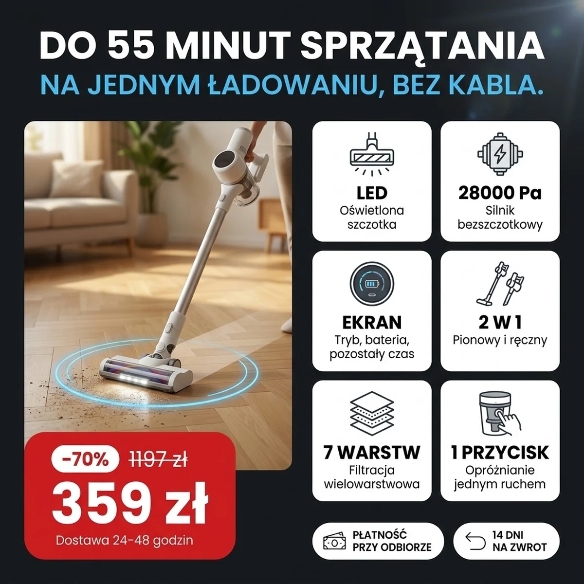 Bezprzewodowy odkurzacz pionowy ze szczotką LED i wyświetlaczem, na kartach z cechami