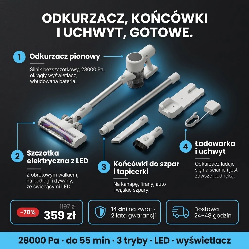 Oferta: Odkurzacz pionowy LED – odkurzacz pionowy, szczotka LED, końcówka szczelinowa, końcówka do tapicerki, ładowarka i uchwyt, 359 zł zamiast 1197 zł, płatność przy odbiorze