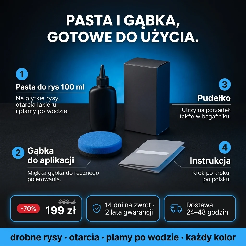 Oferta: Pasta do usuwania rys – pasta do usuwania rys 100 ml i gąbka do aplikacji, 199 zł zamiast 663 zł, płatność przy odbiorze