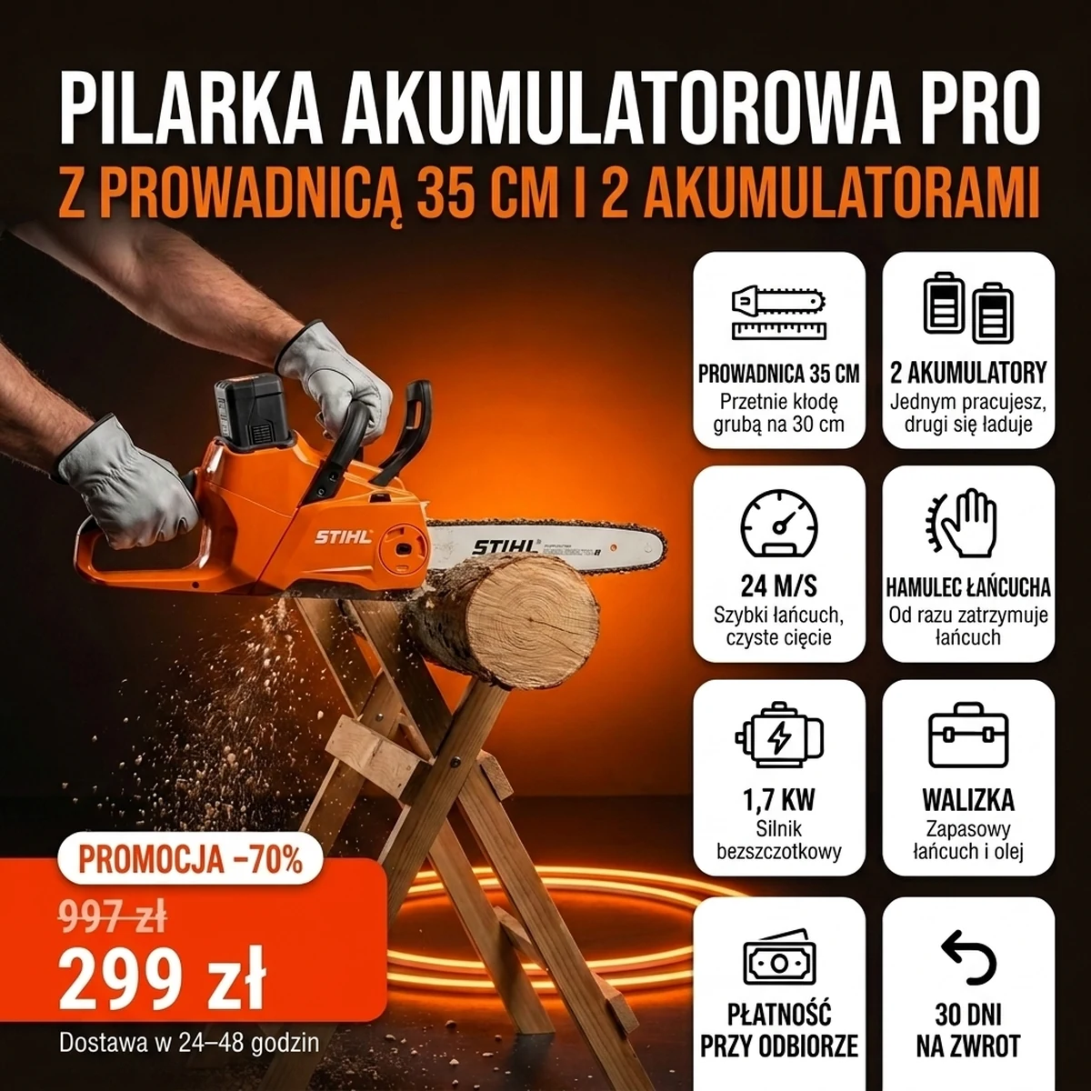 Pilarka akumulatorowa PRO z dwoma akumulatorami, na kartach z głównymi cechami