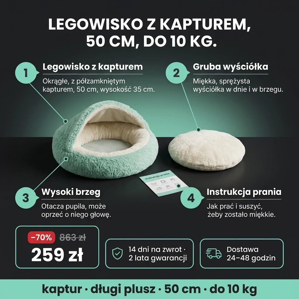 Oferta: Legowisko z kapturem – okrągłe pluszowe legowisko z kapturem, 50 cm, 259 zł zamiast 863 zł, płatność przy odbiorze