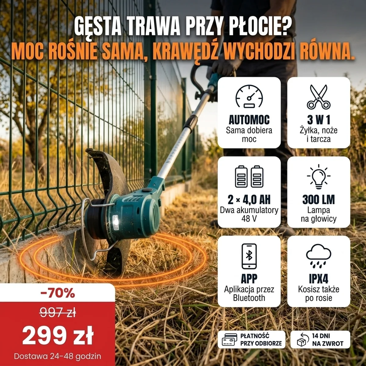 Podkaszarka akumulatorowa PRO: najważniejsze cechy na kartach i cena promocyjna