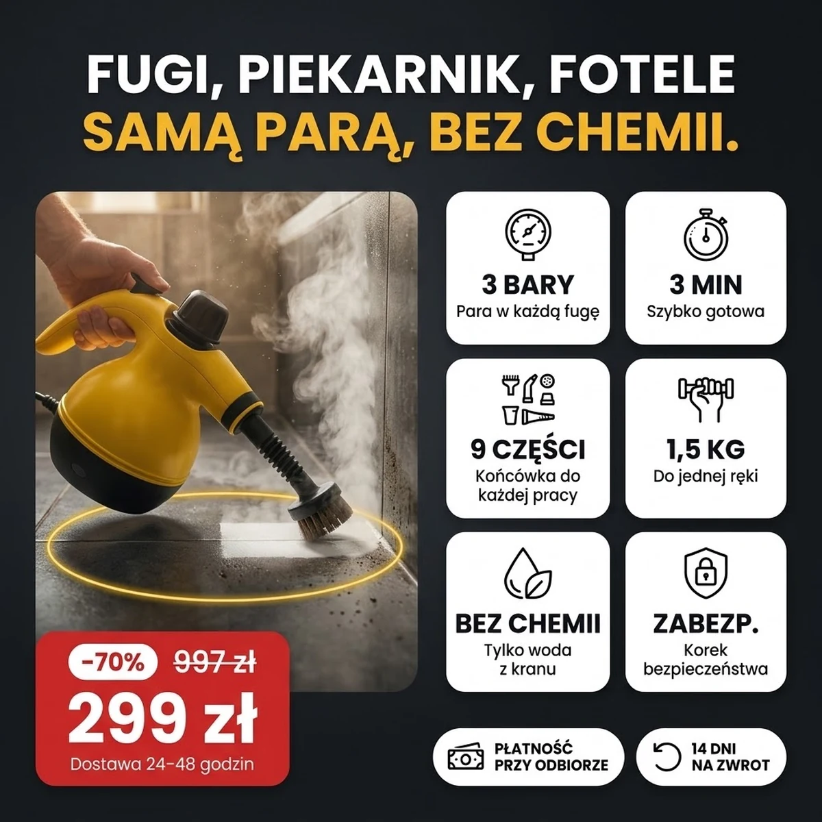 Ręczna myjka parowa PRO z końcówkami, najważniejsze funkcje na kartach