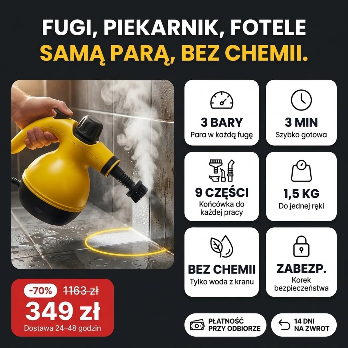 Ręczna myjka parowa PRO z końcówkami, najważniejsze funkcje na kartach