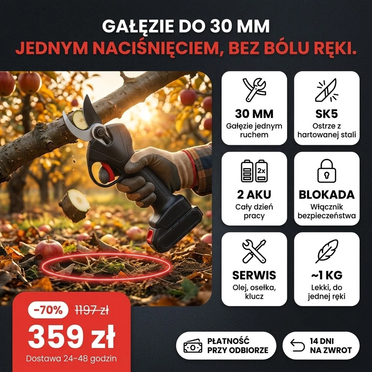 Sekator akumulatorowy PRO z dwoma akumulatorami i walizką, najważniejsze funkcje na kartach